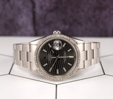 Rolex Date 34mm Ladies 1.5ct Prong Grey Motif Dial Steel Watch 15000